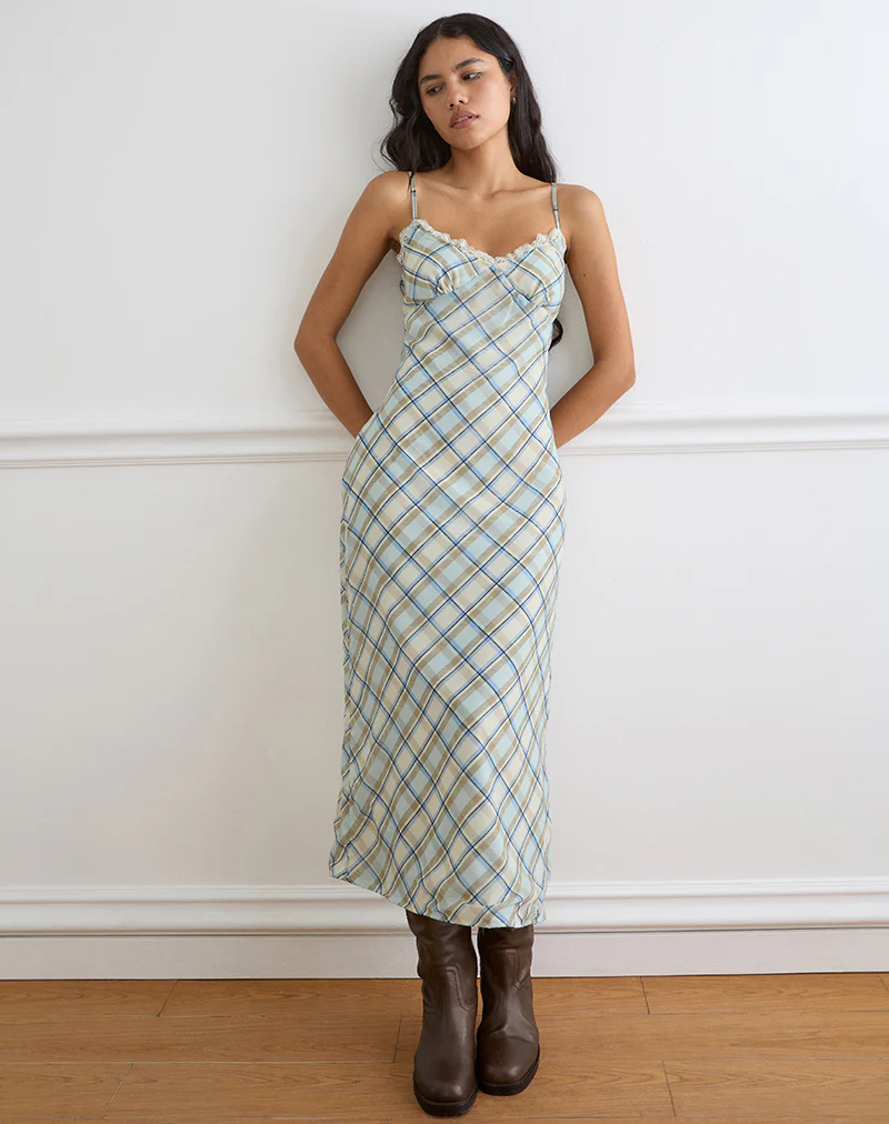 Naska Maxi Dress in Chiffon Vintage Blue Check - Image 4
