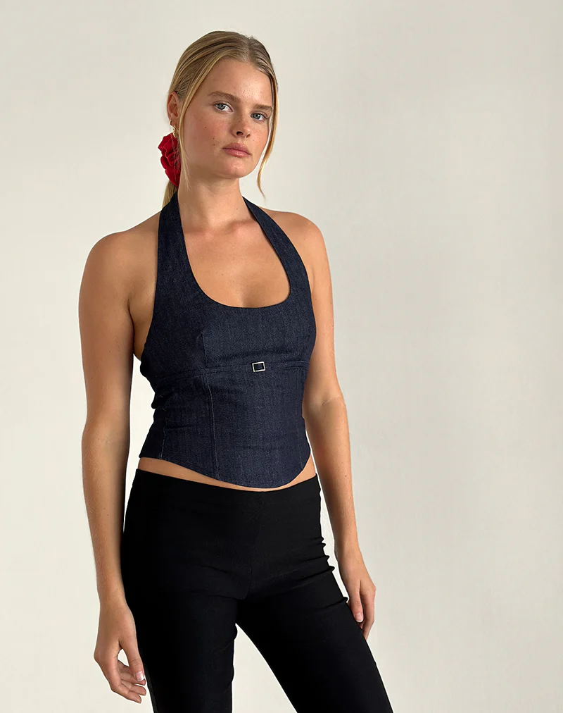 Nasya Halterneck Top in Chambray Indigo - Image 2
