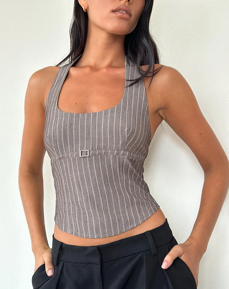 Nasya Halterneck Top in Taupe Pinstripe Tailoring - Image 2