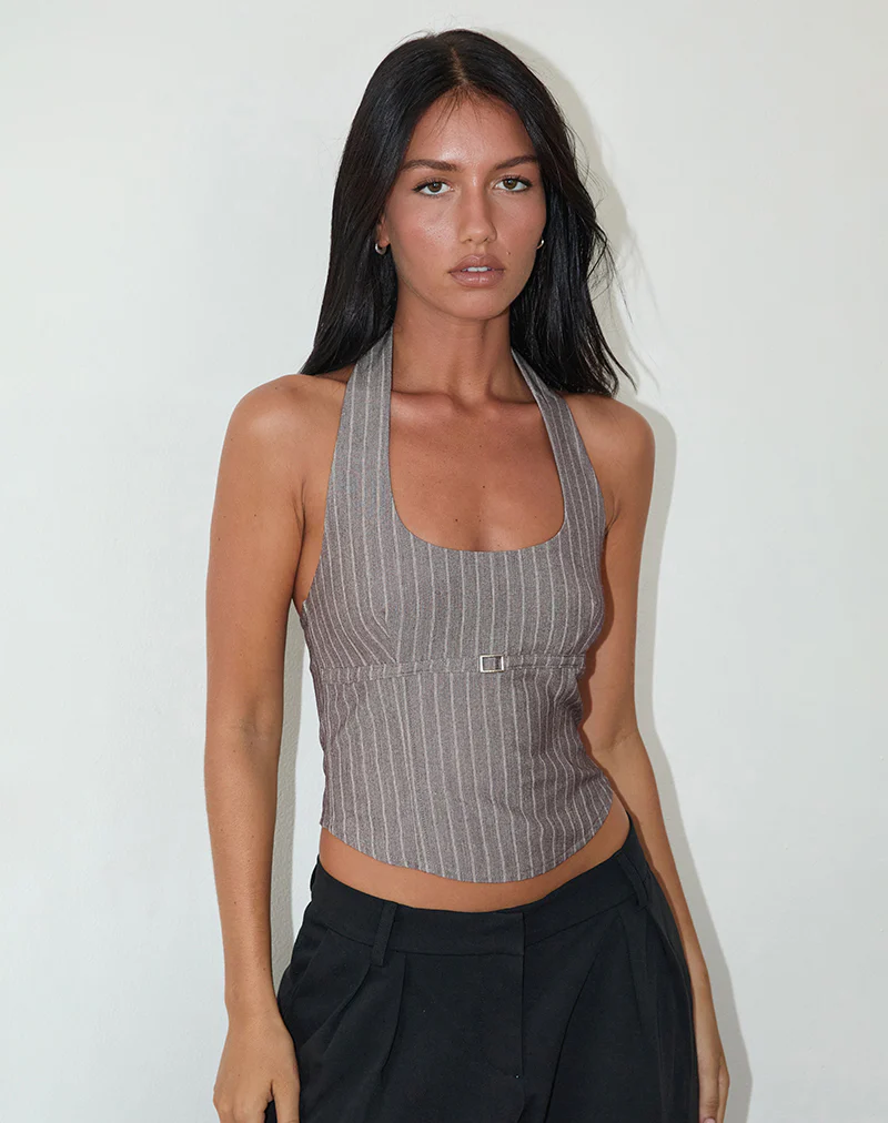 Nasya Halterneck Top in Taupe Pinstripe Tailoring - Image 5