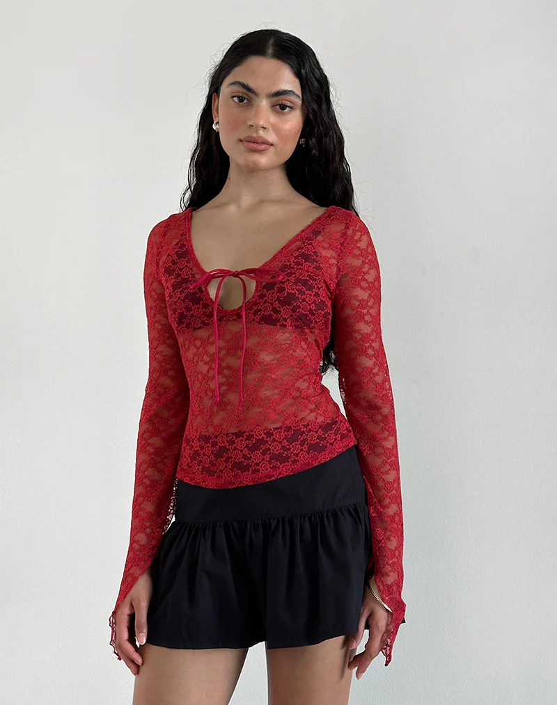 Natasha Tie Front Top in Mari Lace Red - Image 2