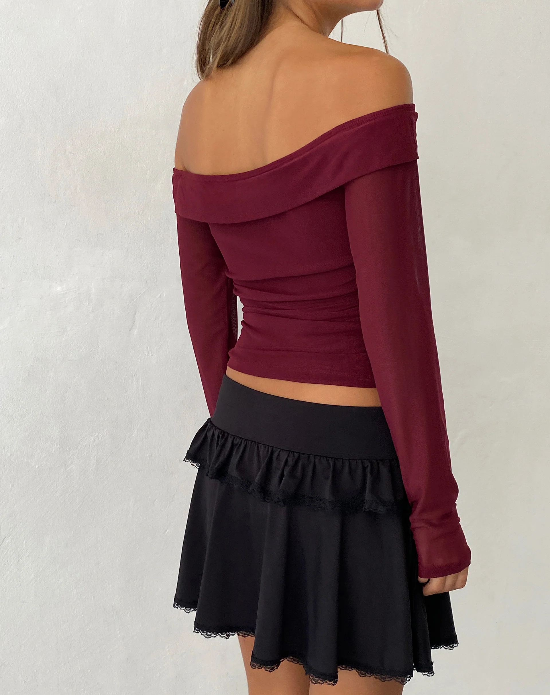 Nauri Mesh Bardot Top in Maroon - Image 2