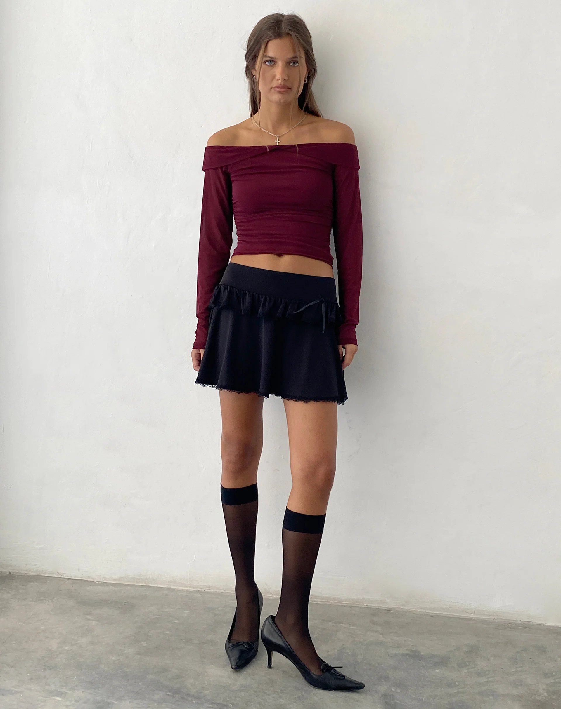 Nauri Mesh Bardot Top in Maroon - Image 3