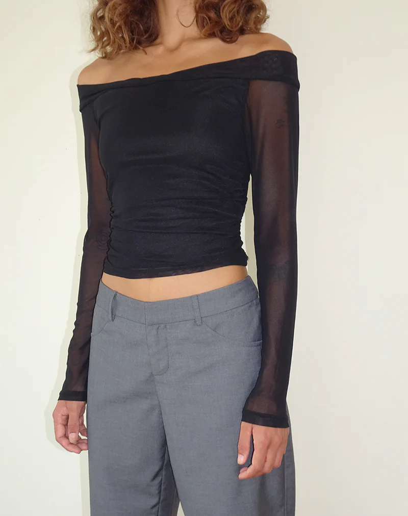 Nauri Long Sleeve Bardot Top in Mesh Black - Image 2