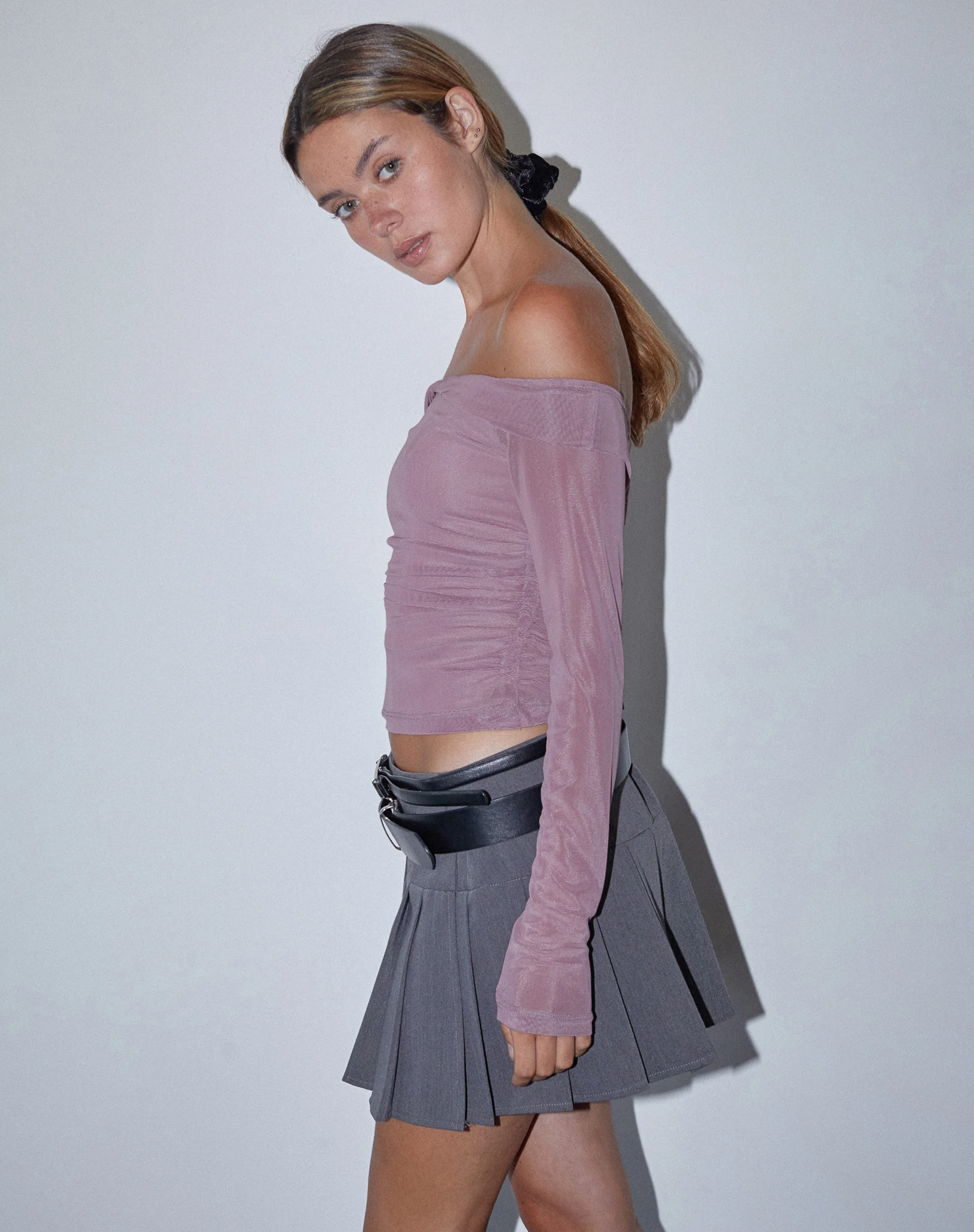 Nauri Long Sleeve Bardot Top in Wisteria Purple - Image 3