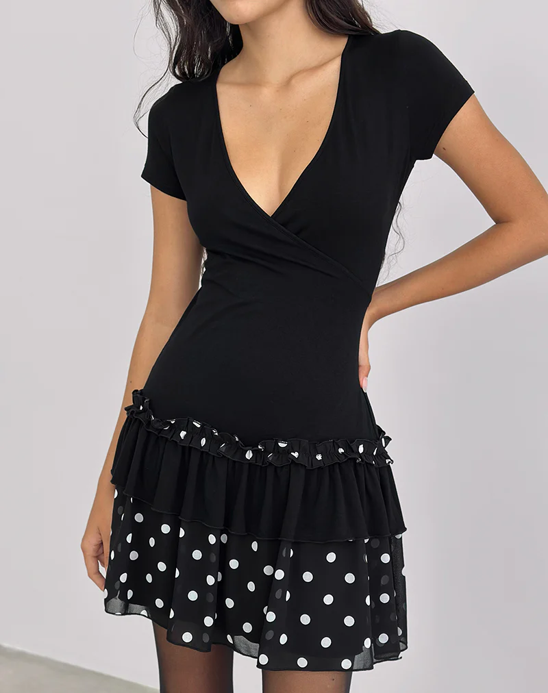 Navya Wrap Mini Dress in Polka Black and White - Image 3