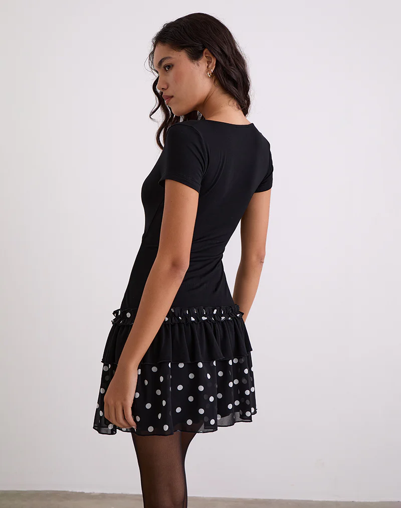 Navya Wrap Mini Dress in Polka Black and White - Image 5