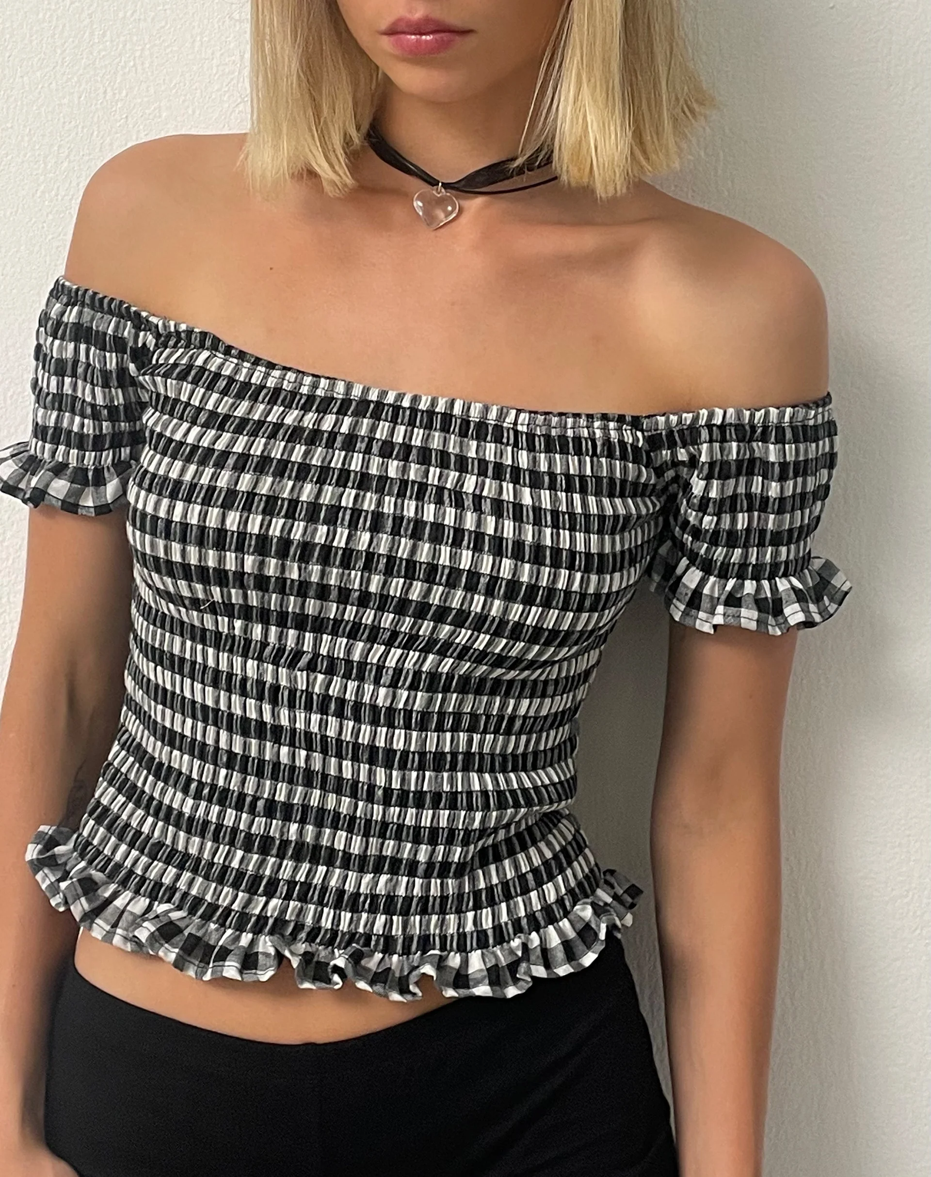 Neema Shirred Bardot Top in Mini Gingham Black and White - Image 3
