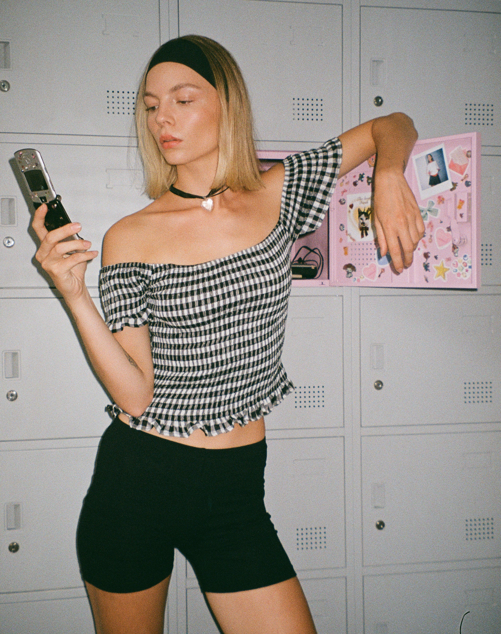 Neema Shirred Bardot Top in Mini Gingham Black and White - Image 4