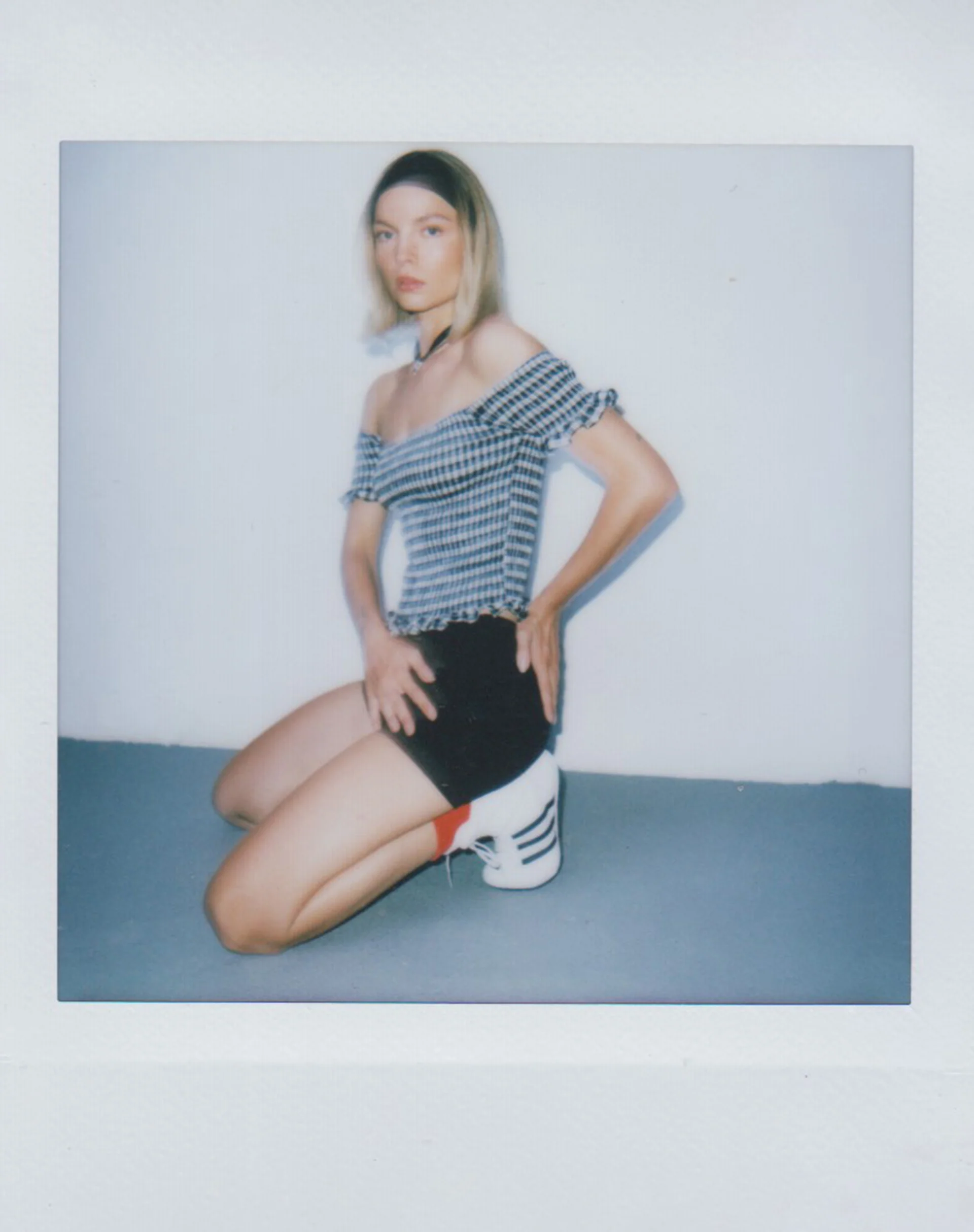 Neema Shirred Bardot Top in Mini Gingham Black and White - Image 5