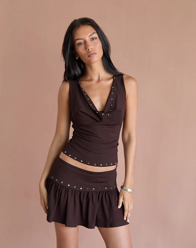 Nefety Studded Skirt in Jersey Bitter Chocolate - Image 4