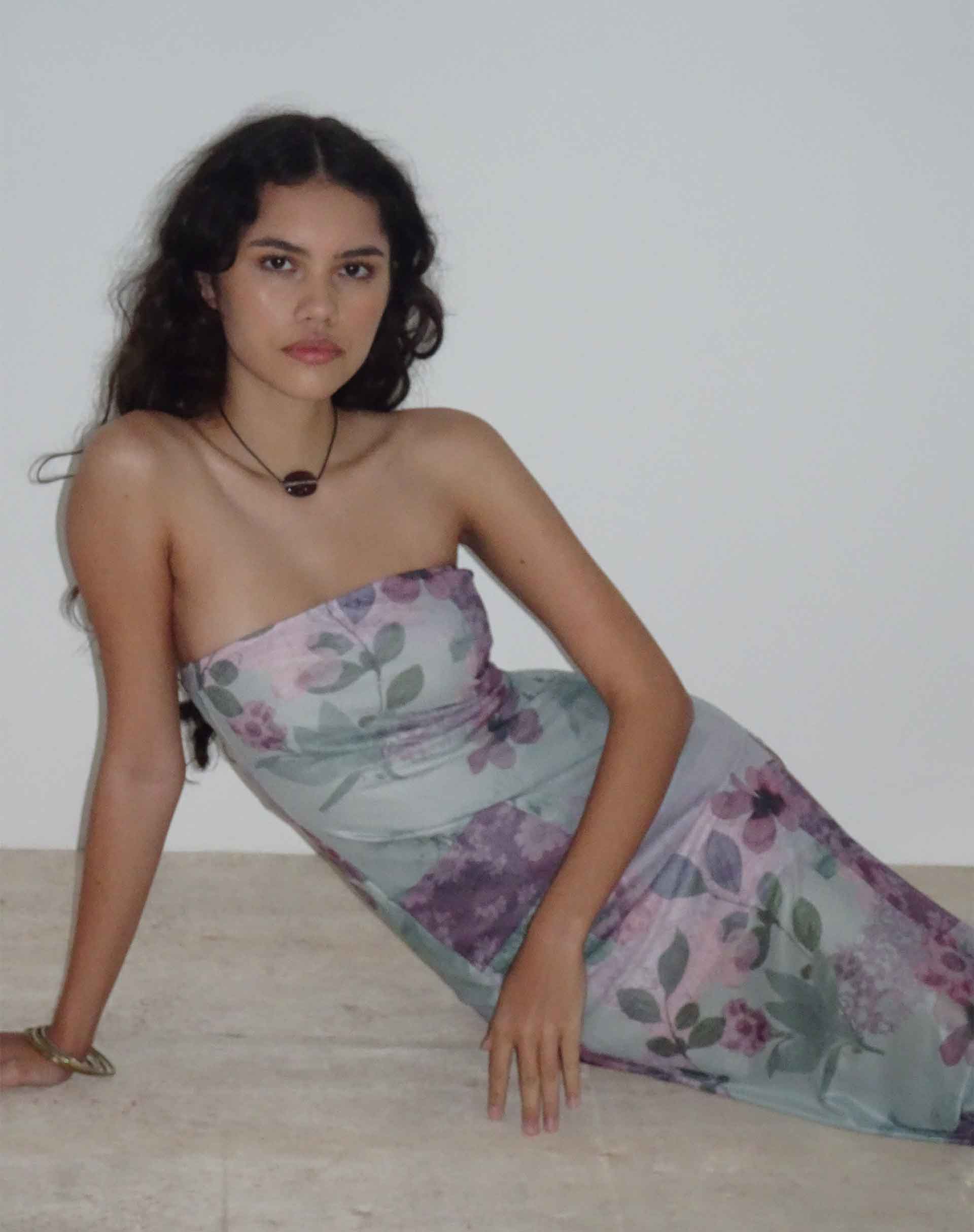 Nehwa Bandeau Mesh Midi Dress in Abstract Scrapbook - Image 2