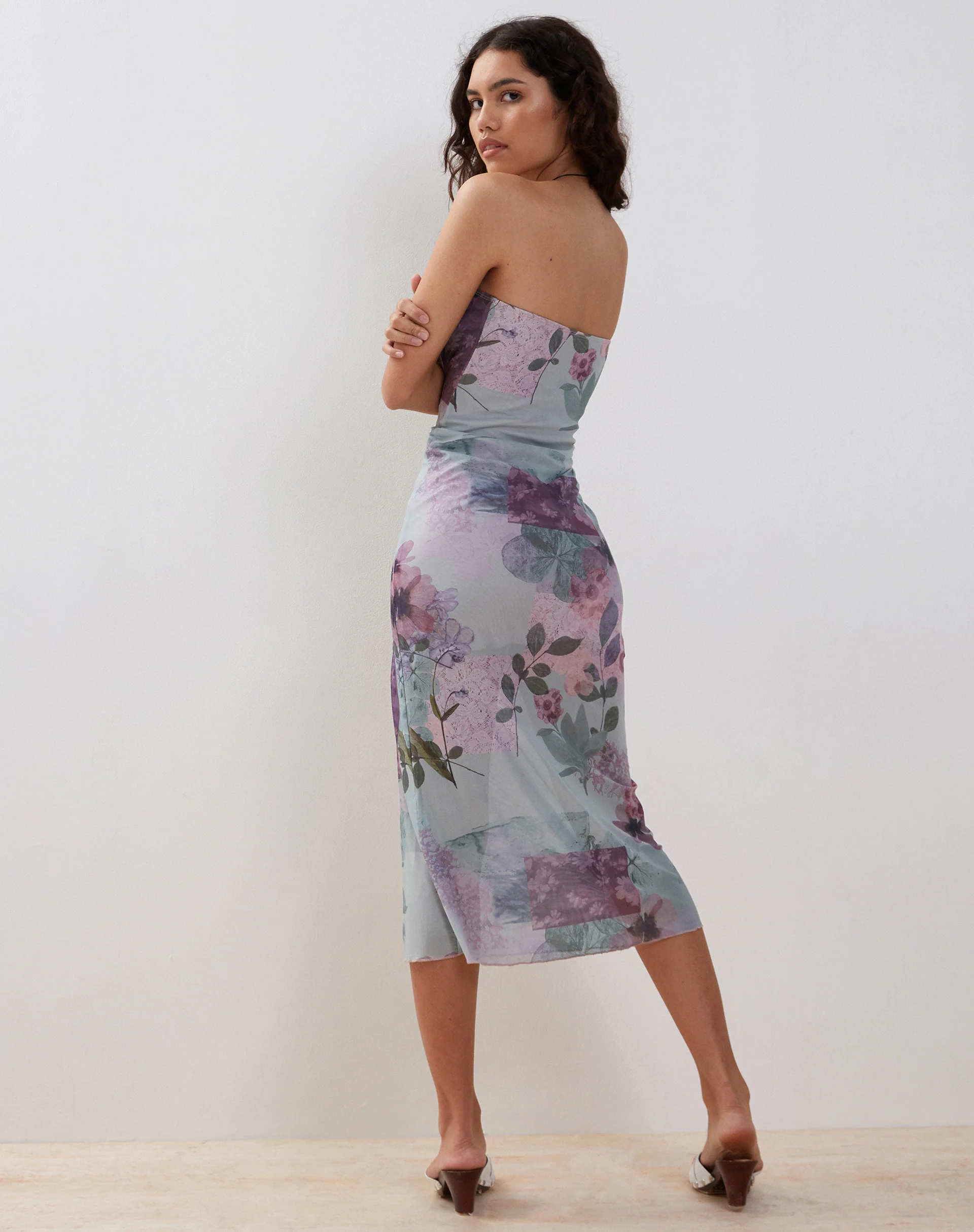 Nehwa Bandeau Mesh Midi Dress in Abstract Scrapbook - Image 7