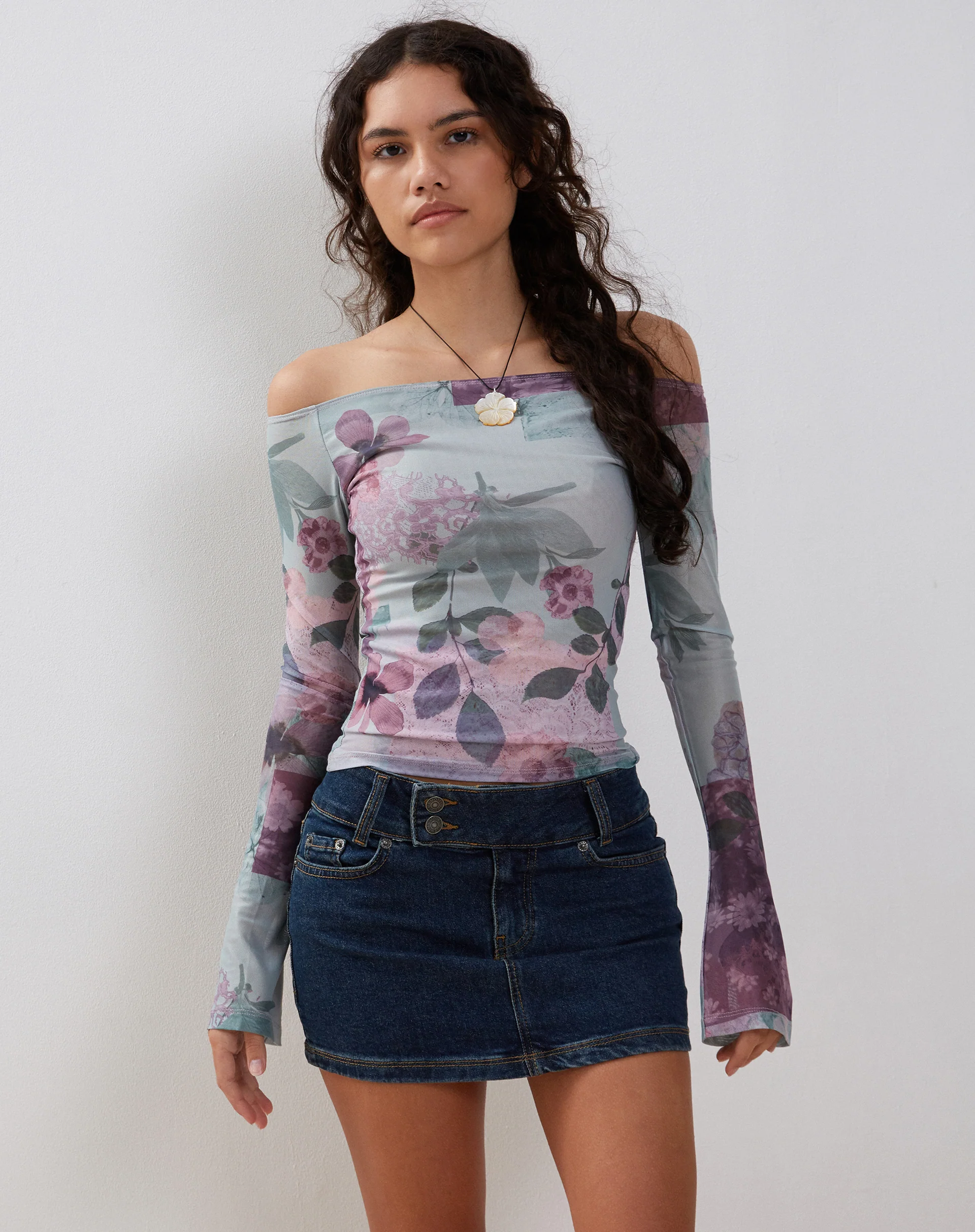 Neira Long Sleeve Mesh Bardot Top in Abstract Scrapbook - Image 3
