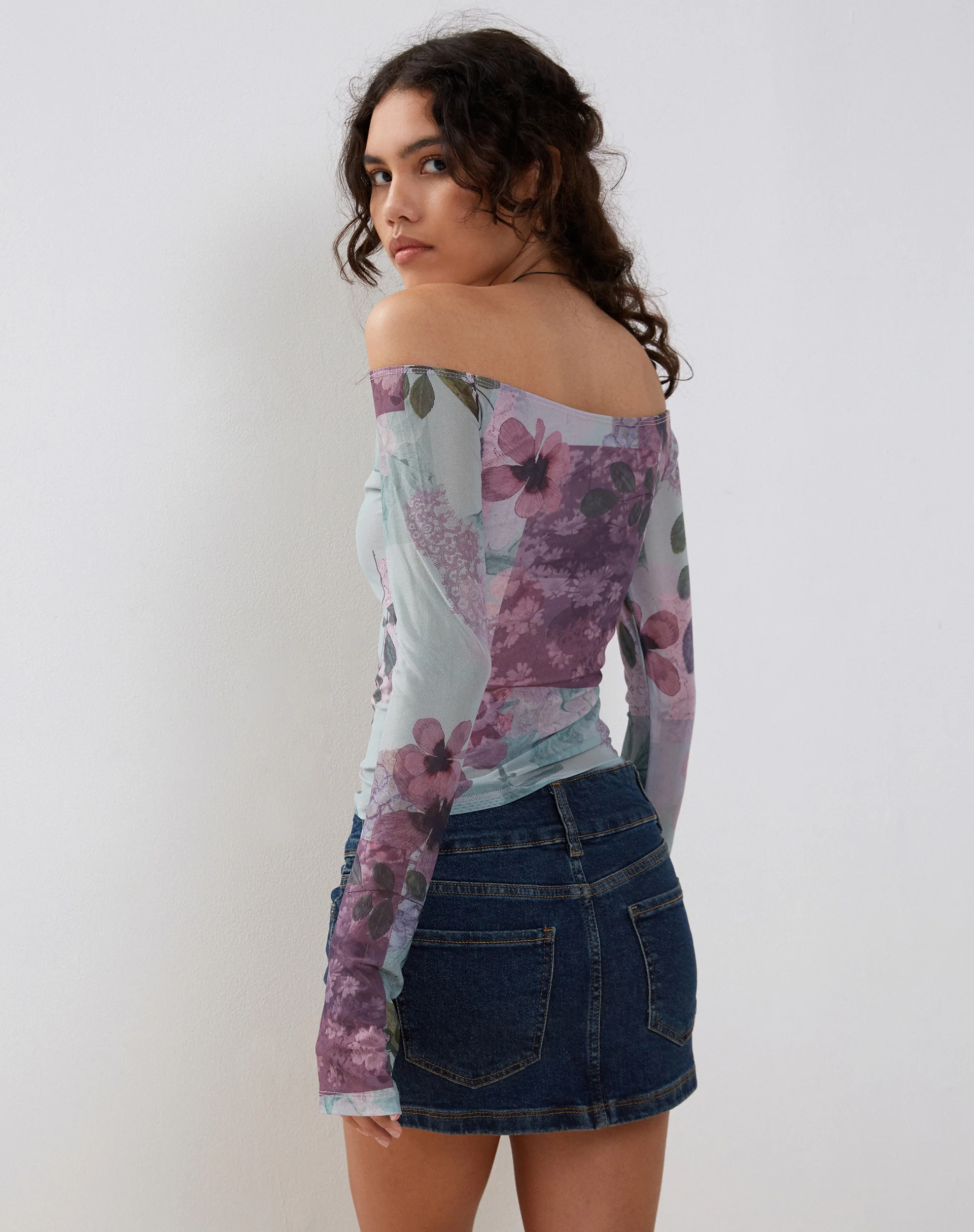 Neira Long Sleeve Mesh Bardot Top in Abstract Scrapbook - Image 5