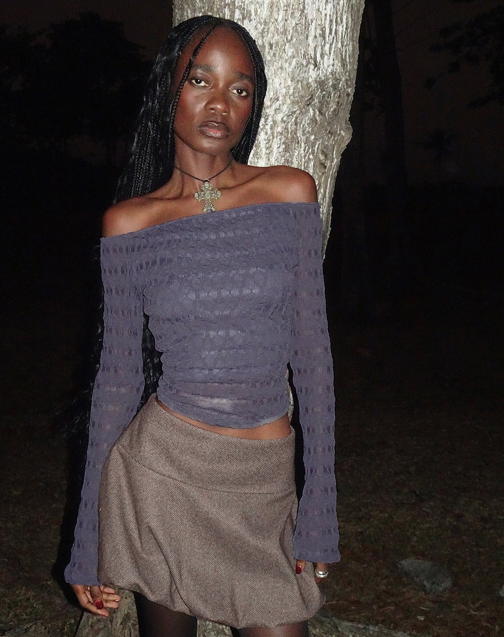 Neira Long Sleeve Bardot Top in Textured Knit Ocean Storm - Image 2