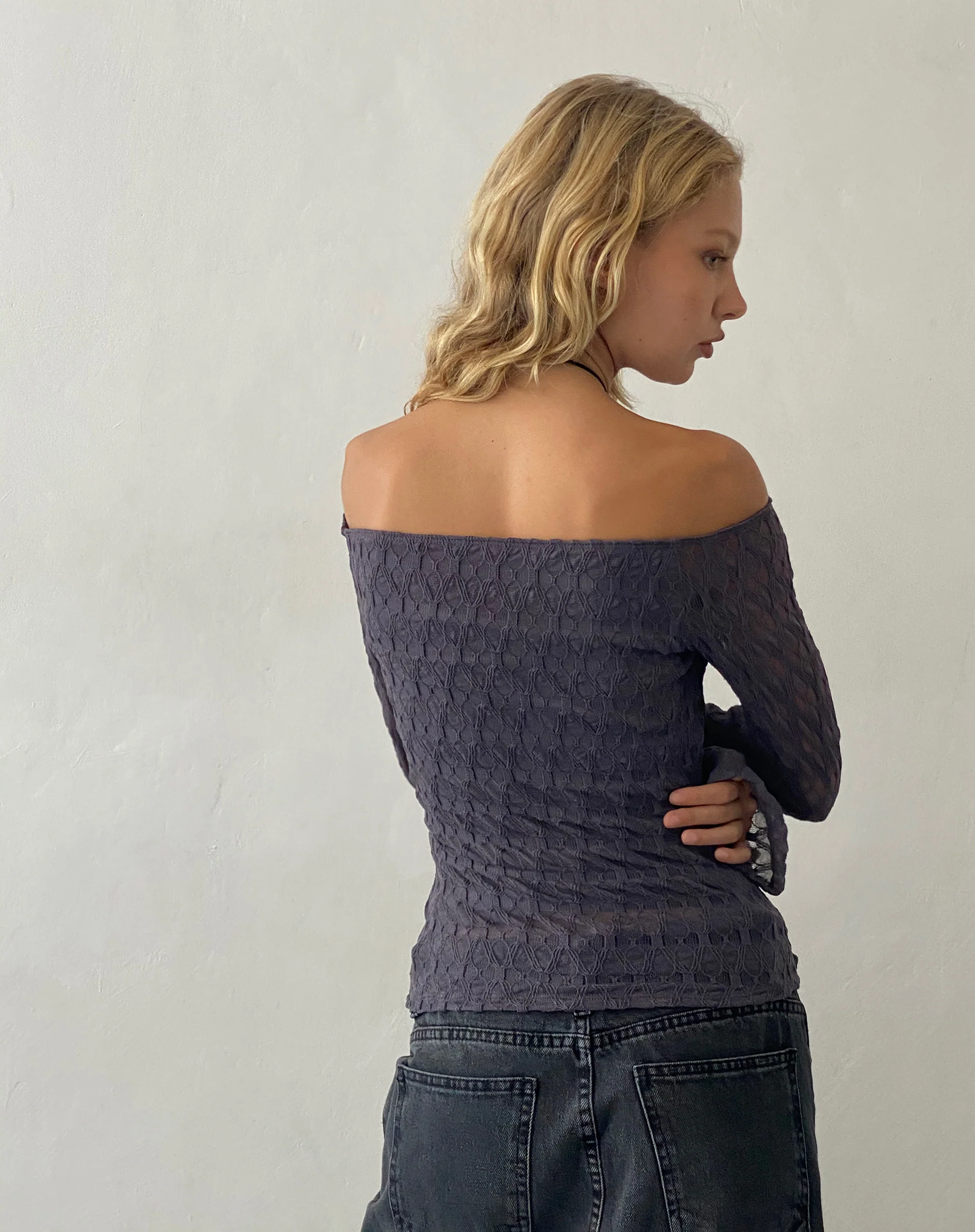 Neira Long Sleeve Bardot Top in Textured Knit Ocean Storm - Image 3