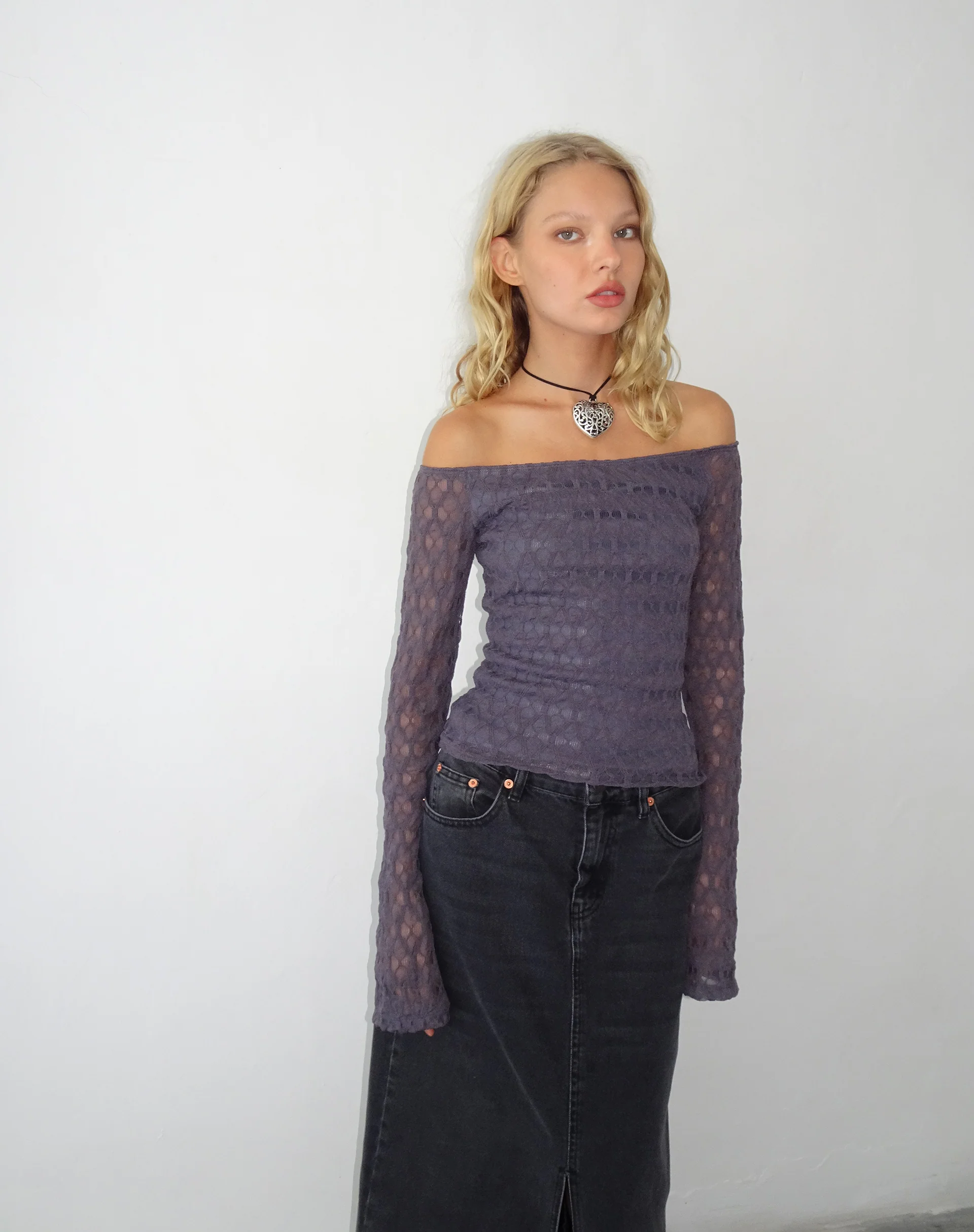 Neira Long Sleeve Bardot Top in Textured Knit Ocean Storm - Image 4