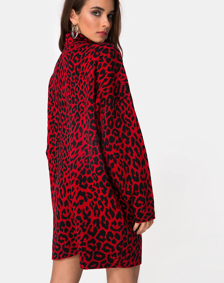 Neivie Jumper Dress in Animal Knit Red - Image 2
