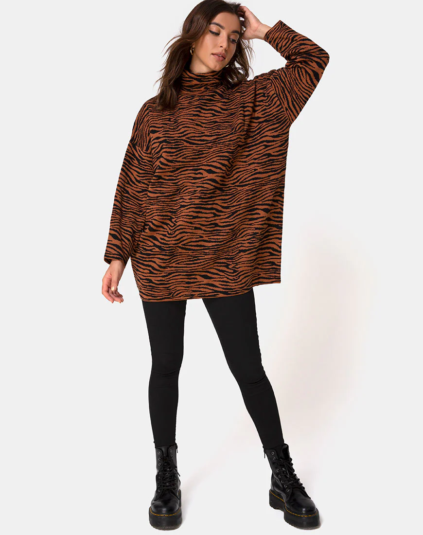 Neivie Roll Neck Jumper in Tiger Knit Brown - Image 4