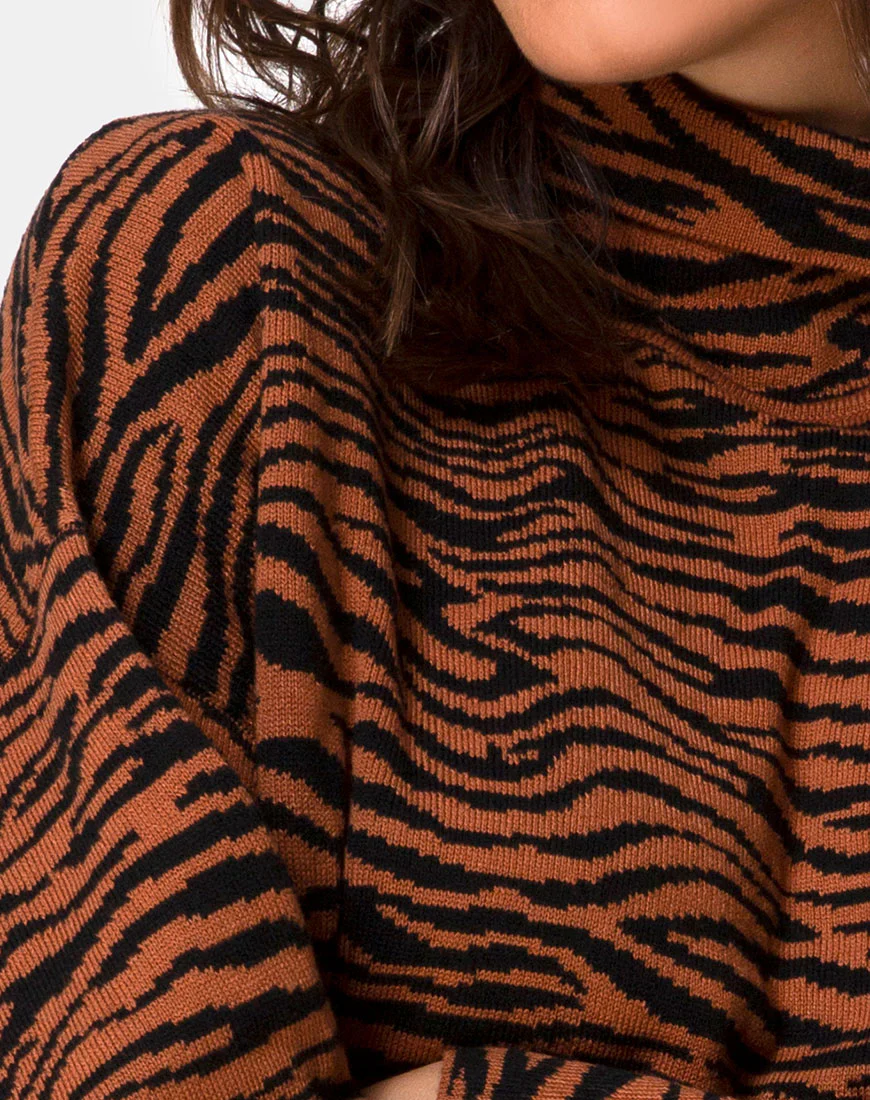 Neivie Roll Neck Jumper in Tiger Knit Brown - Image 6
