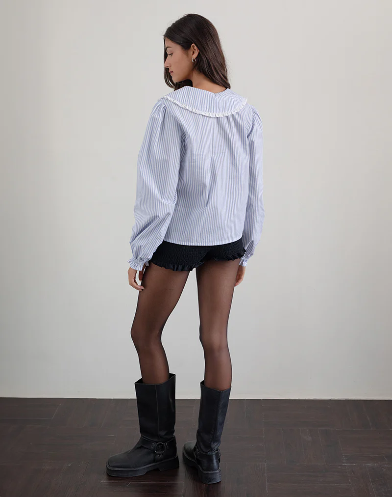 Nelcy Oversized Collared Shirt in Small Vertical Stripe Blue - Image 3