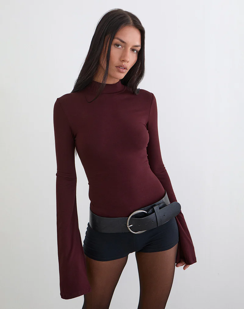 Nell High Neck Long Sleeve Top in Dark Plum - Image 3