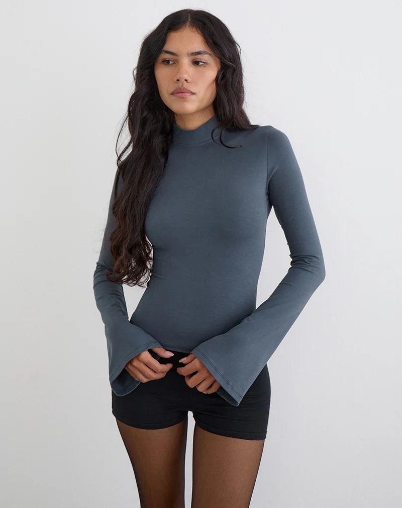 Nell High Neck Long Sleeve Top in Jersey Ocean Storm - Image 2