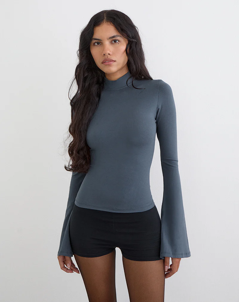 Nell High Neck Long Sleeve Top in Jersey Ocean Storm - Image 3