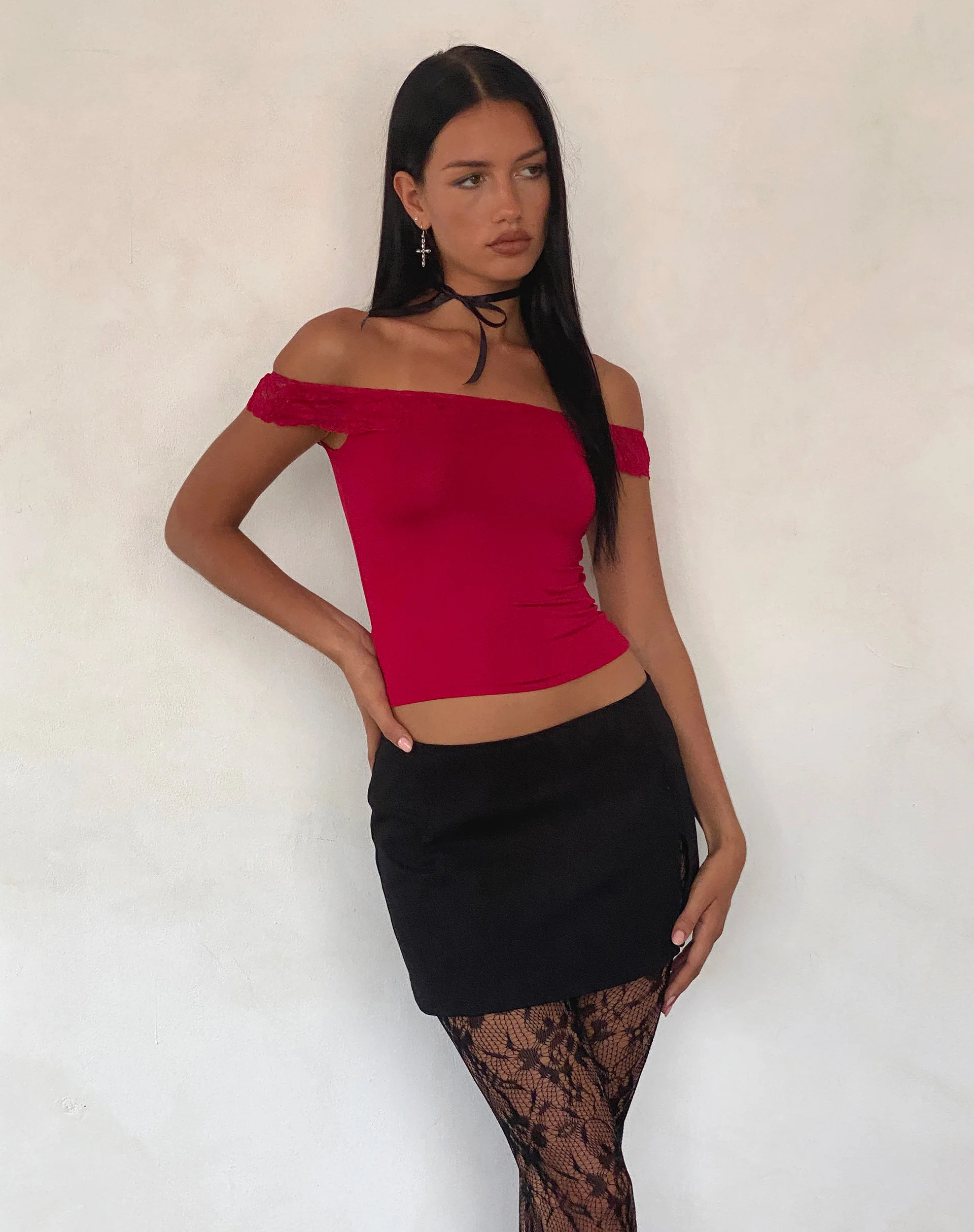 Nesel Bardot Top in Slinky Lace Red - Image 3