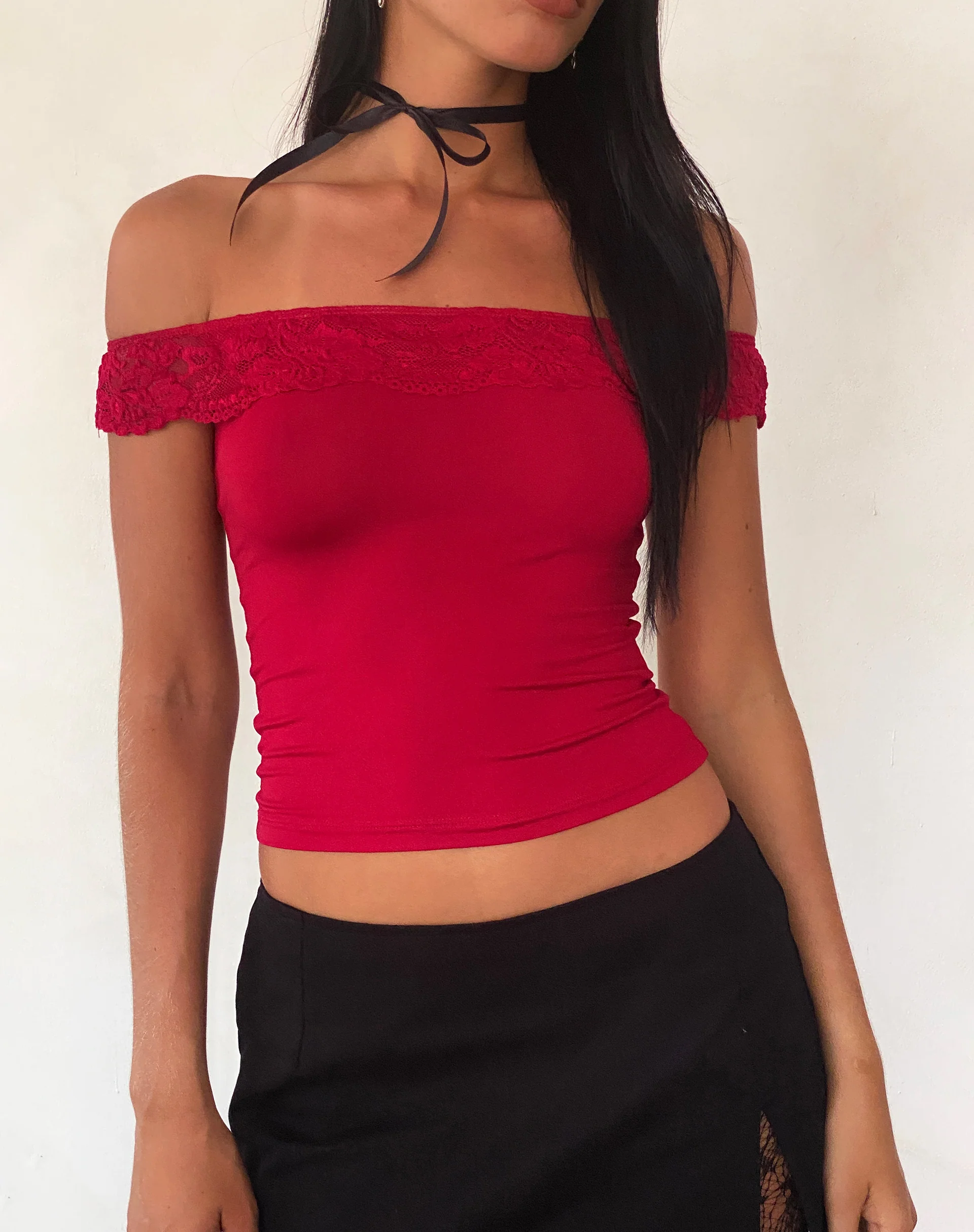 Nesel Bardot Top in Slinky Lace Red - Image 4