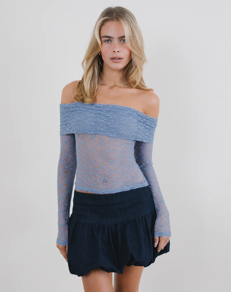 Nesta Bardot Top in Unlined Lace Blue - Image 2