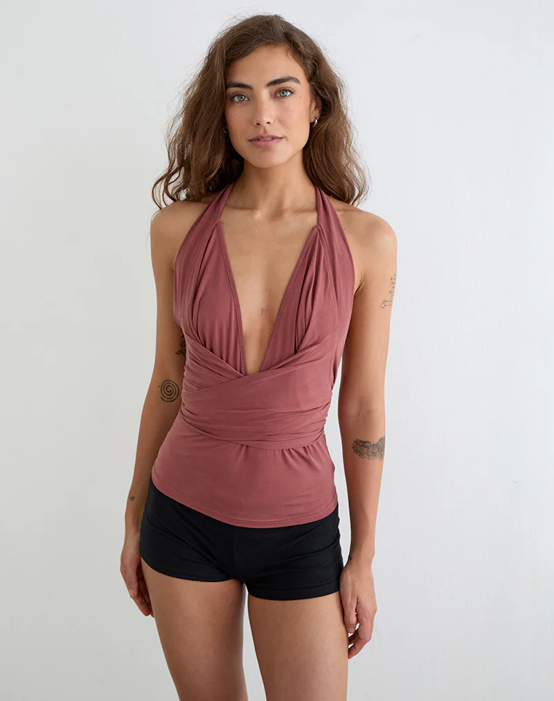 Nezuko Multi Tie Long Sleeve Top in Cupro Dark Rose - Image 4