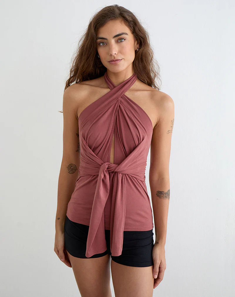 Nezuko Multi Tie Long Sleeve Top in Cupro Dark Rose - Image 6