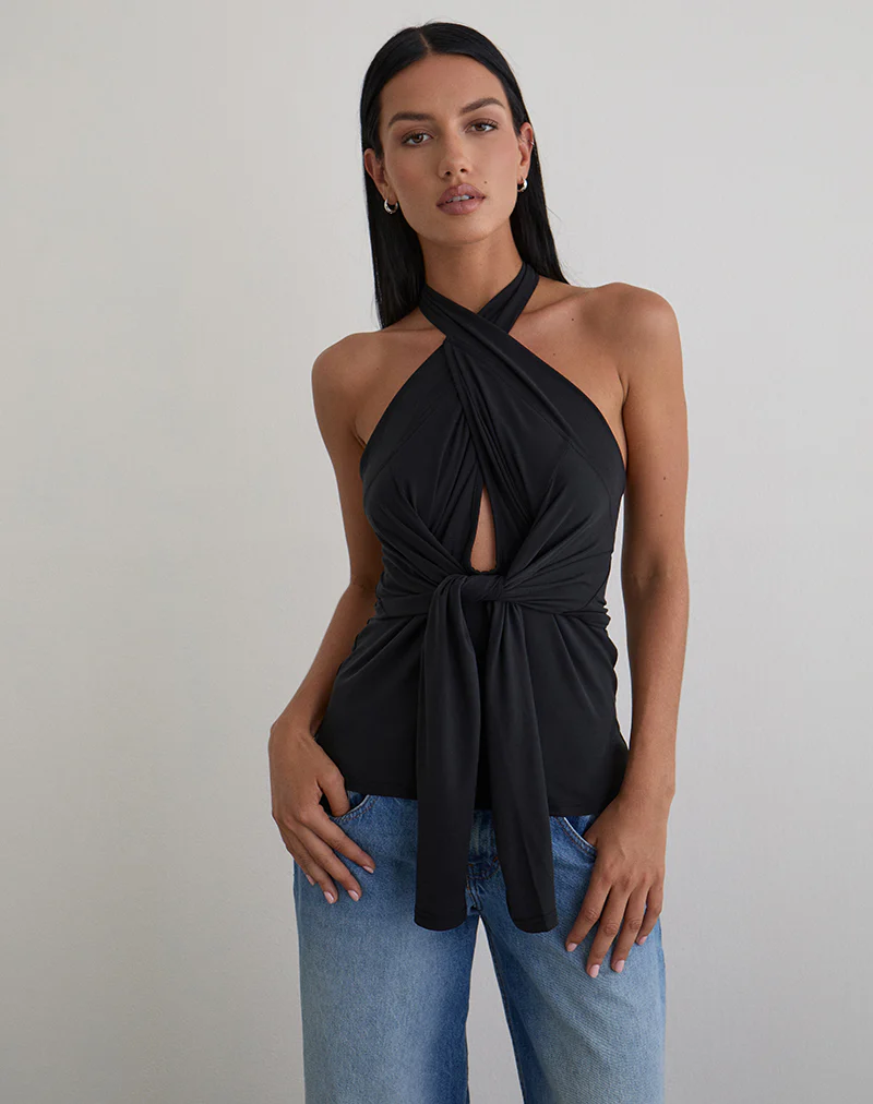 Nezuko Multi Tie Long Sleeve Top in Cupro Black - Image 2