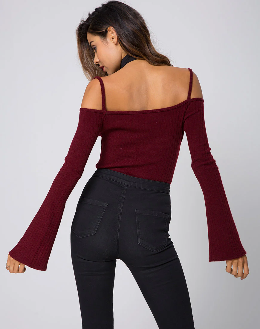 Niani Cold Shoulder Bodice in Rib Knit Burgundy - Image 2