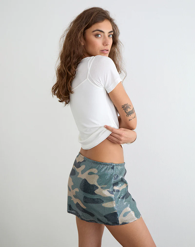 Nidya Mini Skirt in Camo Sequin Khaki Green - Image 4