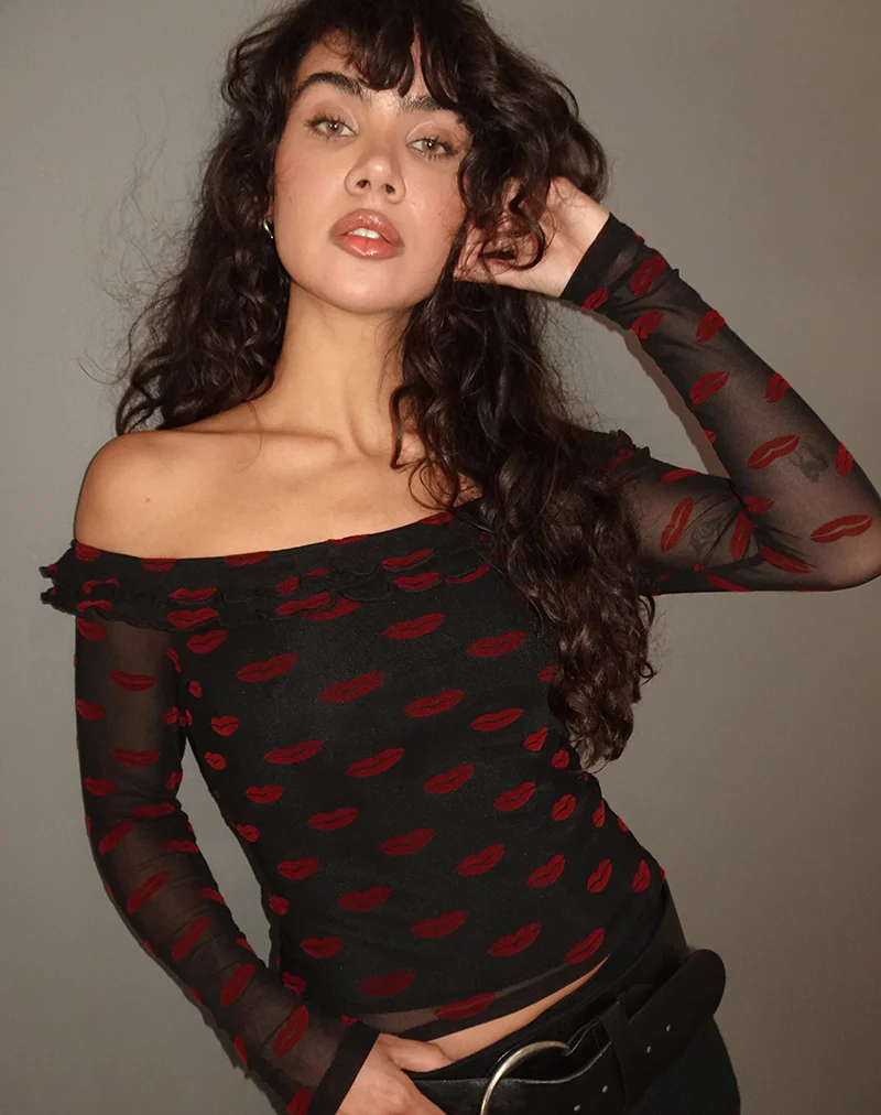 Nihal Frill Bardot Top in Lips Flock Black - Image 3