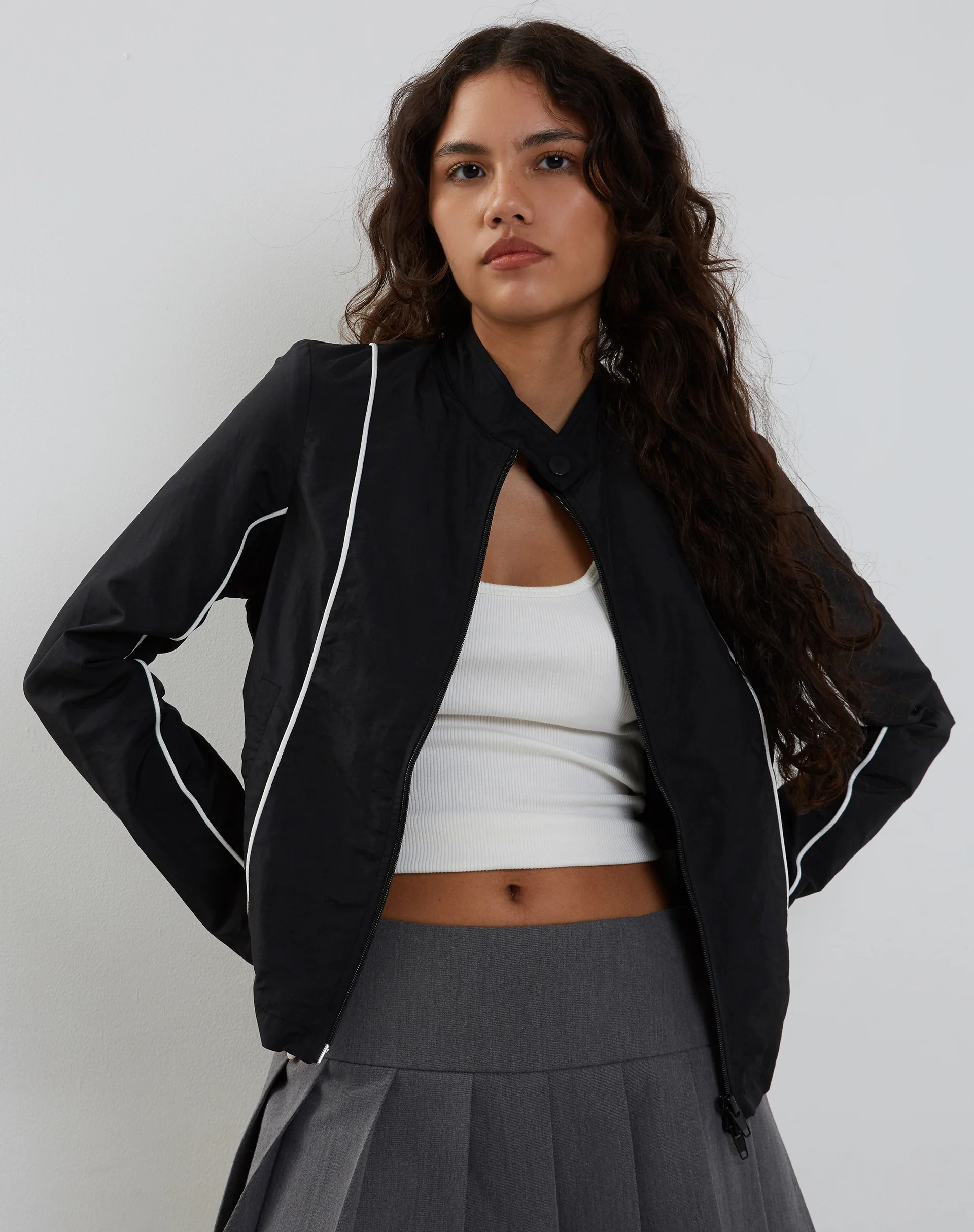 Nila Zip Up Biker Jacket in Black Nylon - Image 5