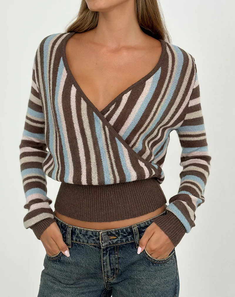 Nilza Wrap Top in Knit Stripe Brown - Image 3