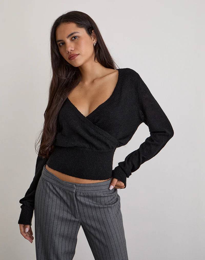 Nilza Wrap Top in Knit Black - Image 4