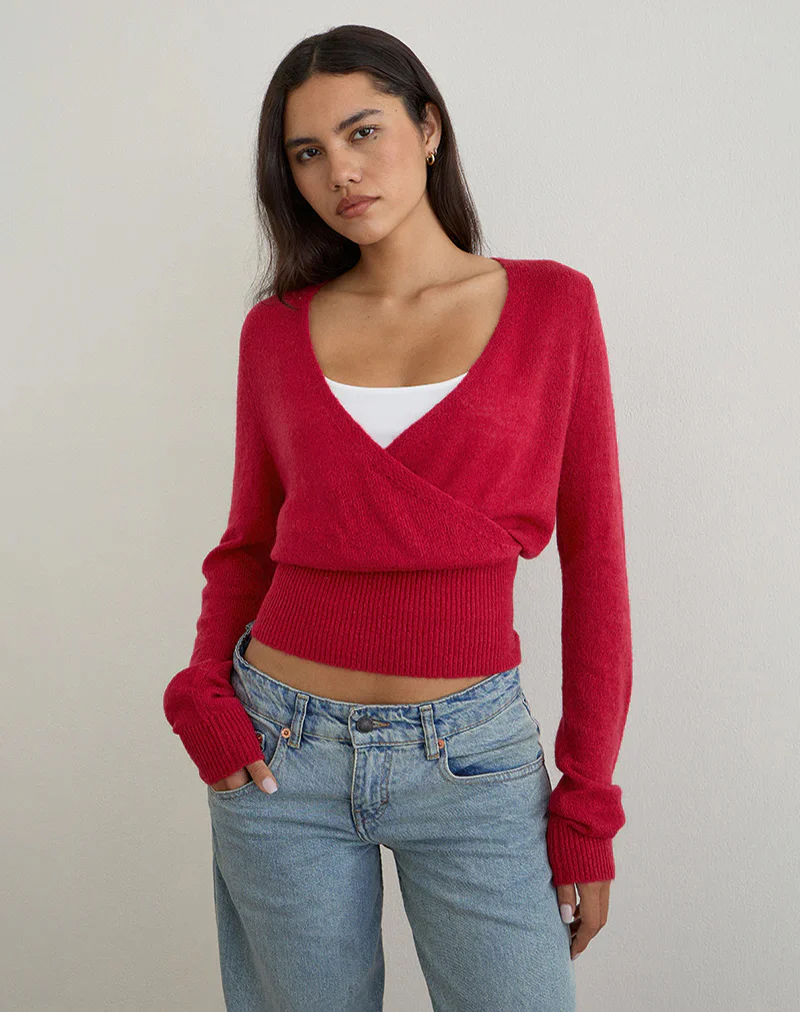Nilza Wrap Top in Knit Red - Image 3