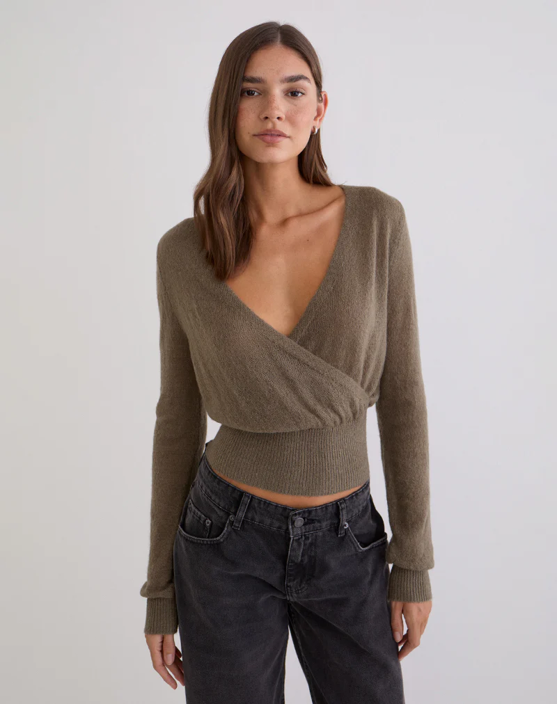 Nilza Wrap Top in Knit Taupe - Image 2