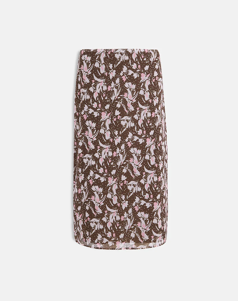 Nimas Midi Skirt in Brown and Pink Polka Flower Chiffon - Image 3