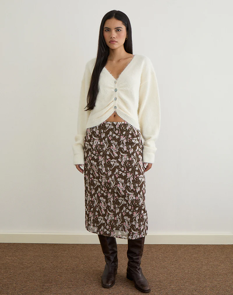Nimas Midi Skirt in Brown and Pink Polka Flower Chiffon - Image 4