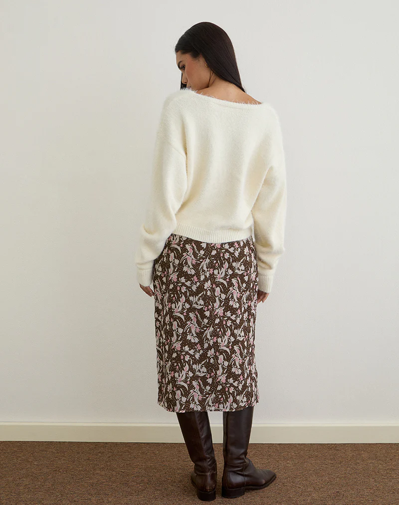 Nimas Midi Skirt in Brown and Pink Polka Flower Chiffon - Image 5