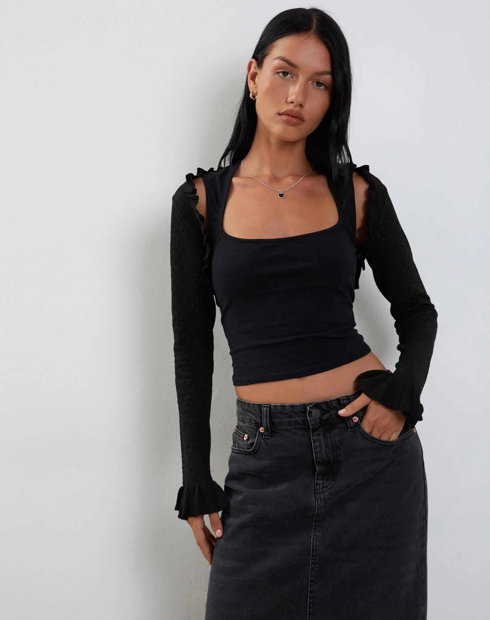 Nimra Knitted Shrug with Frill Sleeve in Black - Image 4