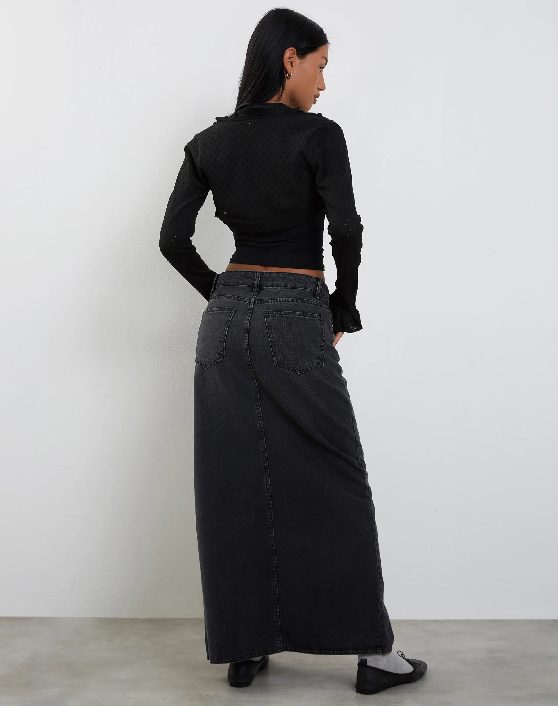 Nimra Knitted Shrug with Frill Sleeve in Black - Image 5