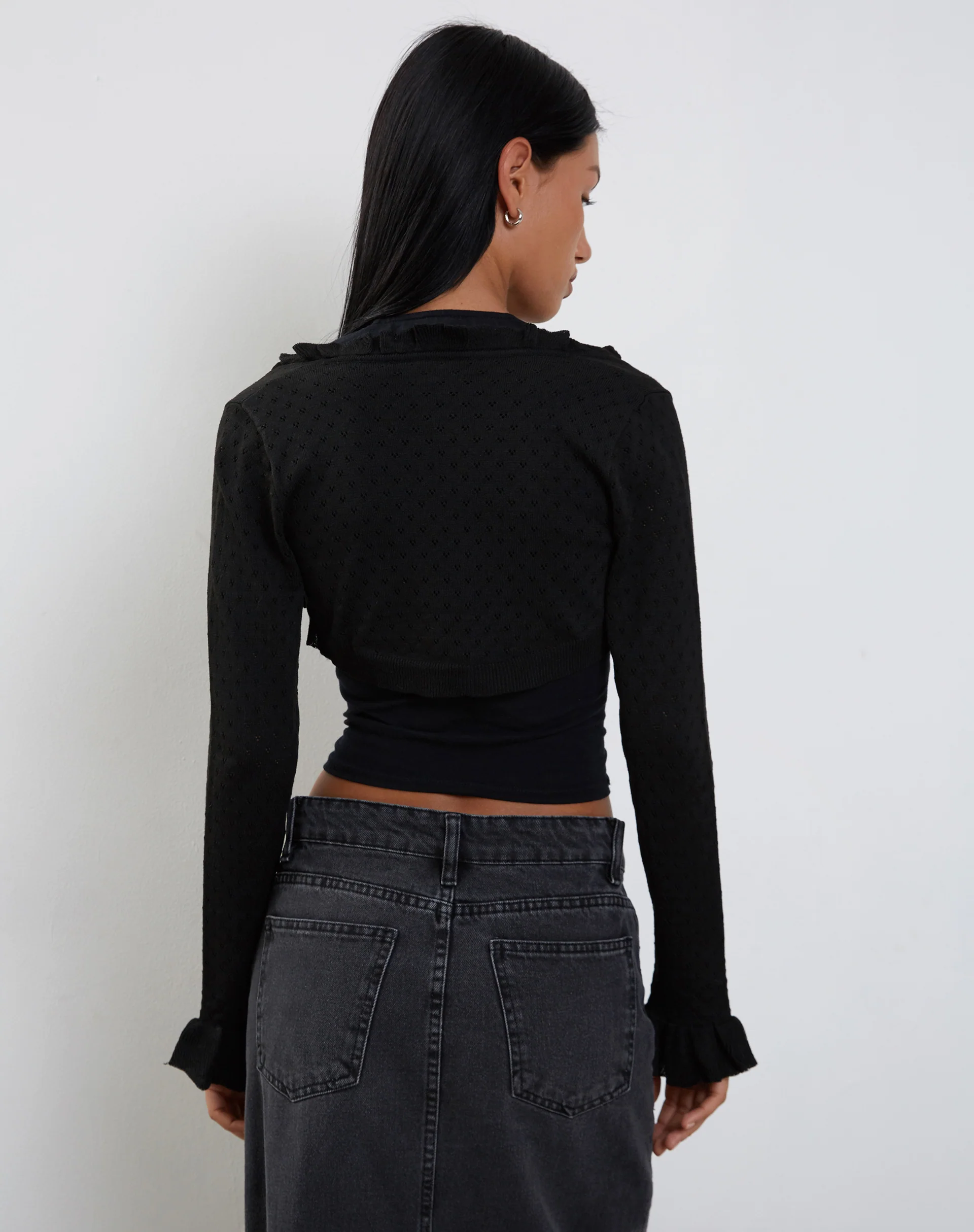 Nimra Knitted Shrug with Frill Sleeve in Black - Image 6