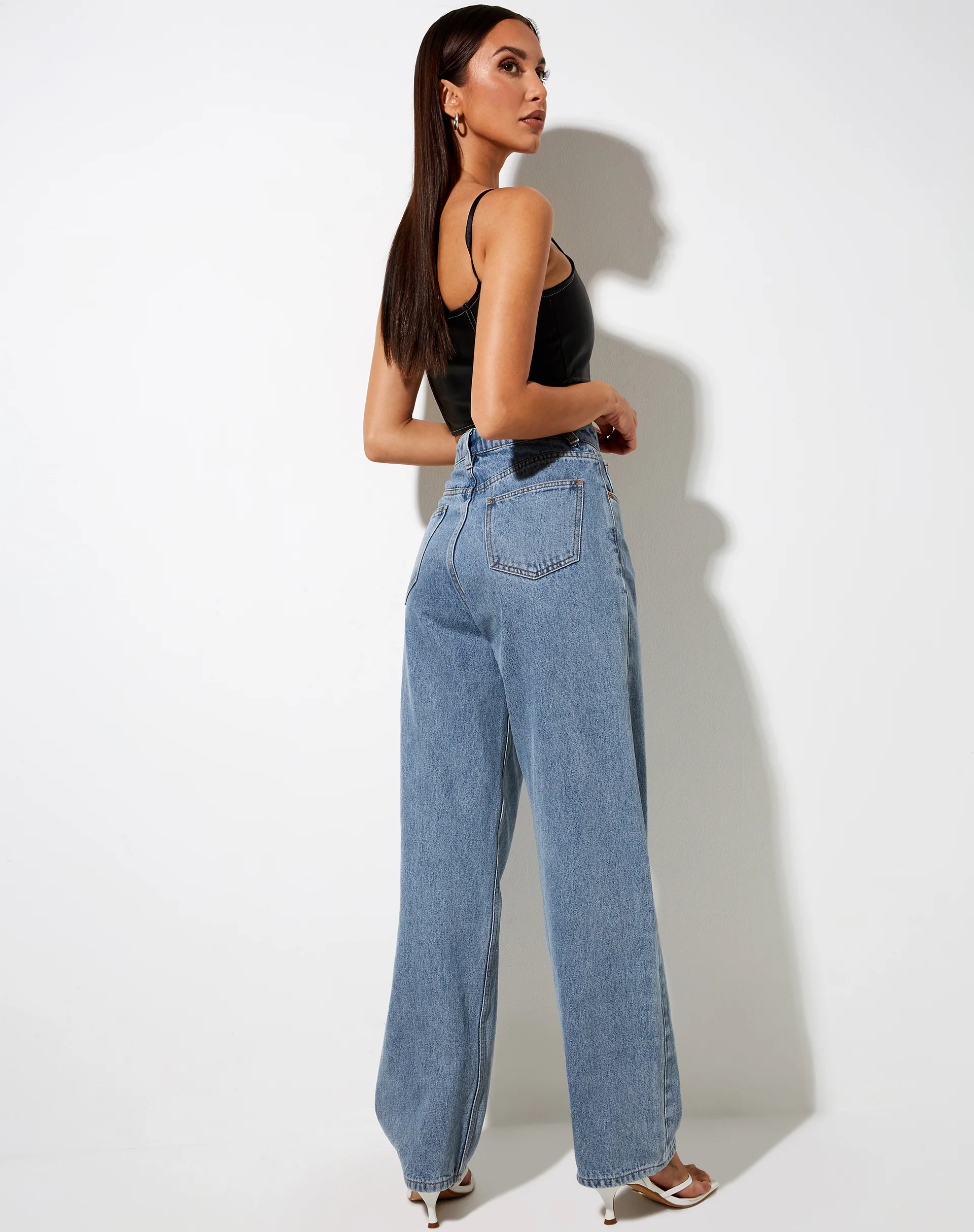 Nindy Crop Top in PU Black with White Stitch - Image 3
